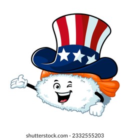 vector cartoon, character, and mascot of an ebi nigiri sushi wearing uncle sam hat.