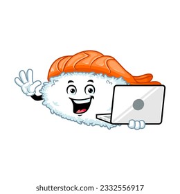 Vektorcartoon, Charakter und Maskottchen eines Bi-Nigiri-Sushi, der einen Laptop hält.