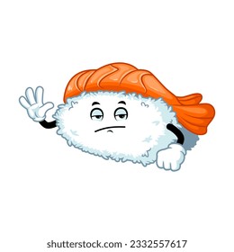 vector cartoon, character, and mascot of an ebi nigiri sushi with bored expression face.