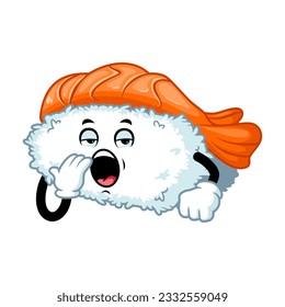 dibujos animados vectoriales, personajes y mascota de un sushi ebi nigiri con la cara de expresión bostezante.
