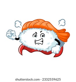 caricatura vectorial, personaje y mascota de un superhéroe de sushi de ebi nigiri con cara de expresión furiosa.