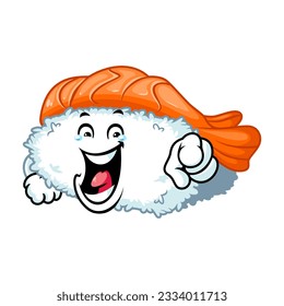 vector cartoon, character, and mascot of an ebi nigiri sushi with laugh expression face.