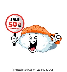 vector cartoon, character, and mascot of an ebi nigiri sushi holding discount signboard.