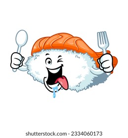 vector cartoon, character, and mascot of an ebi nigiri sushi holding spoon and fork.