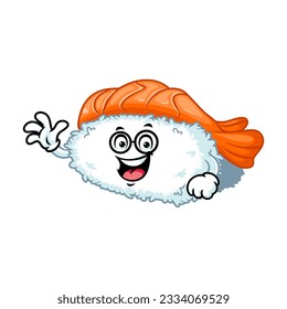 vector cartoon, character, and mascot of an ebi nigiri sushi wearing eyeglasses.