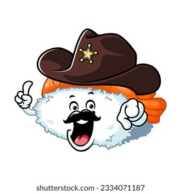 vector cartoon, character, and mascot of an ebi nigiri sushi wearing sheriff hat.
