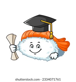 vector cartoon, character, and mascot of an ebi nigiri sushi wearing graduation hat.