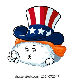 vector cartoon, character, and mascot of an ebi nigiri sushi wearing uncle sam hat.