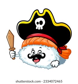 vector cartoon, character, and mascot of an ebi nigiri sushi wearing pirates hat.
