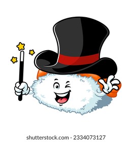 vector cartoon, character, and mascot of an ebi nigiri sushi wearing magician hat.