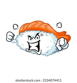vector cartoon, character, and mascot of an ebi nigiri sushi with angry expression face.
