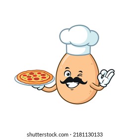 vector cartoon, character, and mascot of an egg holding pizza.