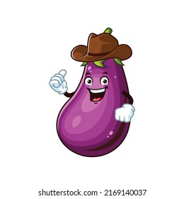 vector cartoon, character, and mascot of an eggplant wearing cowboy hat.