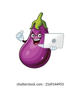 vector cartoon, character, and mascot of an eggplant holding laptop.