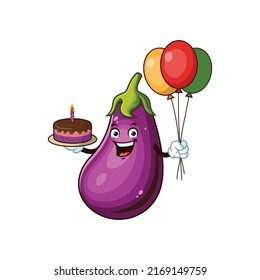 vector cartoon, character, and mascot of an eggplant holding cake and baloons.