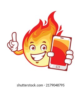 vector cartoon, character, and mascot of a flame holding smartphone.