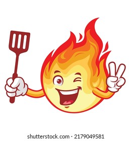 vector cartoon, character, and mascot of a flame holding spatula.
