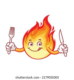 vector cartoon, character, and mascot of a flame holding fork and knife.