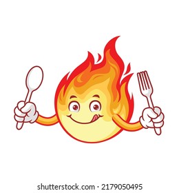 vector cartoon, character, and mascot of a flame holding spoon and fork.