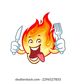 vector cartoon, character, and mascot of a flame holding knife and fork.