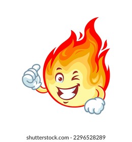 vector cartoon, character, and mascot of a flame with thumbs up hand.