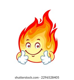 vector cartoon, character, and mascot of a flame with double thumbs up hand.
