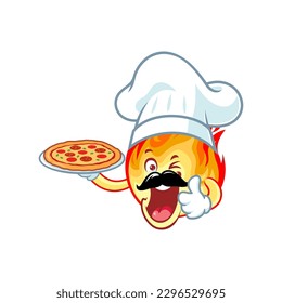 vector cartoon, character, and mascot of a flame holding pizza.