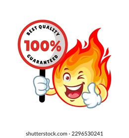 vector cartoon, character, and mascot of a flame holding guaranteed signboard.