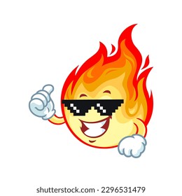 vector cartoon, character, and mascot of a flame with thug life style.