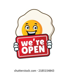 vector cartoon, character, and mascot of a fried egg holding OPEN sign board.