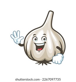 dibujos animados vectoriales, personajes y mascota de un ajo con la mano ondulada.