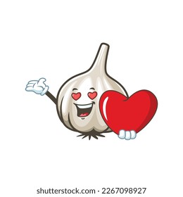 vector cartoon, character, and mascot of a garlic holding a heart in love.