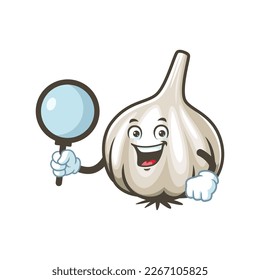 vector cartoon, character, and mascot of a garlic holding loupe.