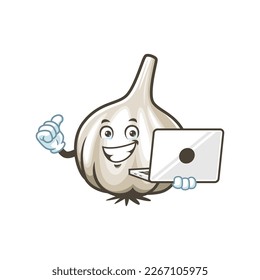 vector cartoon, character, and mascot of a garlic holding a laptop.