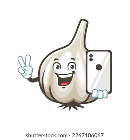 vector cartoon, character, and mascot of a garlic holding a smartphone.