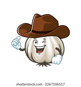 vector cartoon, character, and mascot of a garlic wearing cowboy hat.