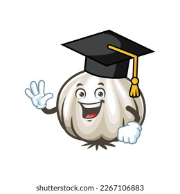 vector cartoon, character, and mascot of a garlic wearing graduation hat.