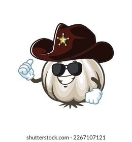 vector cartoon, character, and mascot of a garlic wearing sheriff hat.