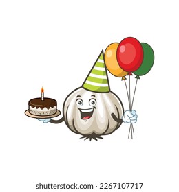 Vektorgrafik, Charakter und Maskottchen einer KnoblauchGeburtstagsfeier.