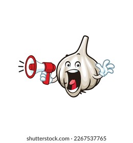 vector cartoon, character, and mascot of a garlic holding megaphone.