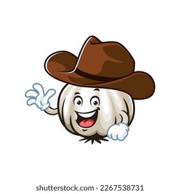 dibujos animados vectoriales, personajes y mascota de un ajo con sombrero de vaquero.