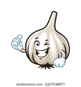 vector cartoon, character, and mascot of a garlic with thumbs up hand.