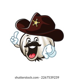 vector cartoon, character, and mascot of a garlic wearing sheriff hat.