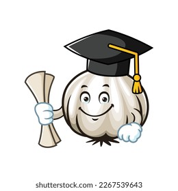 vector cartoon, character, and mascot of a garlic wearing graduation hat.