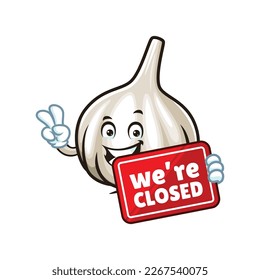 vector cartoon, character, and mascot of a garlic holding closed signboard.