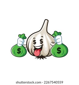vector cartoon, character, and mascot of a garlic holding money sack.