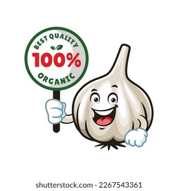 vector cartoon, character, and mascot of a garlic holding organic signboard.
