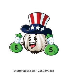 vector cartoon, character, and mascot of a garlic wearing american hat and holding money sack.