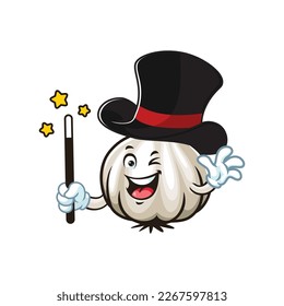 vector cartoon, character, and mascot of a garlic wearing magician costume.