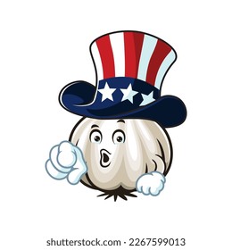 vector cartoon, character, and mascot of a garlic wearing american hat with uncle sam pose.